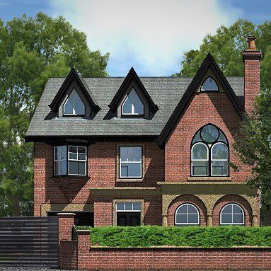 a two story brick house with a black gate.